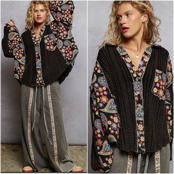 POL Tops - POL Floral Print Tapestry Button Down Cable Knit Loose Fit Shirt